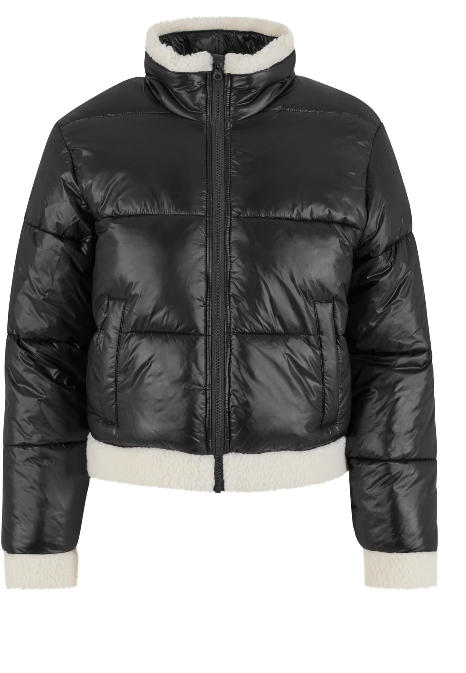 Ladies Recycled Shiny Puffer Sherpa Jacket | black/whitesand