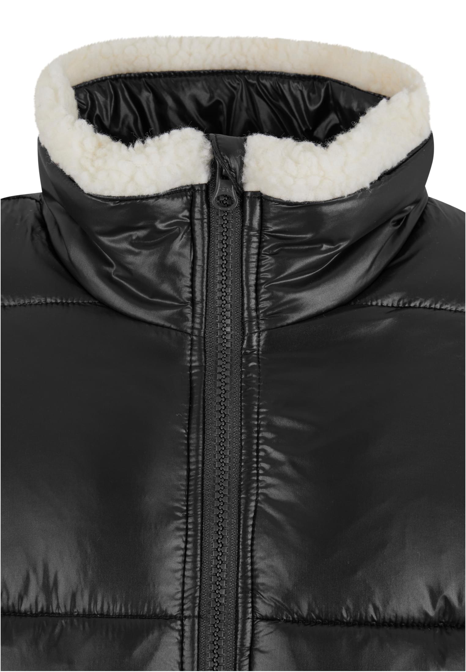 Ladies Recycled Shiny Puffer Sherpa Jacket | black/whitesand