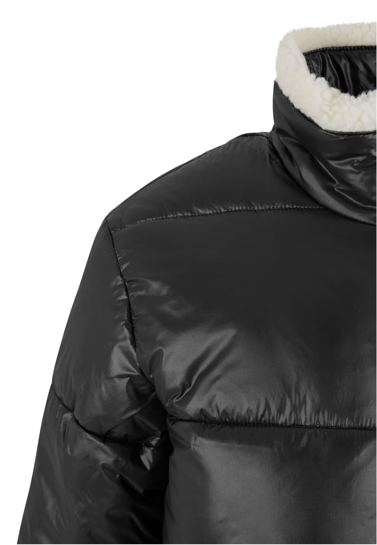 Ladies Recycled Shiny Puffer Sherpa Jacket | black/whitesand