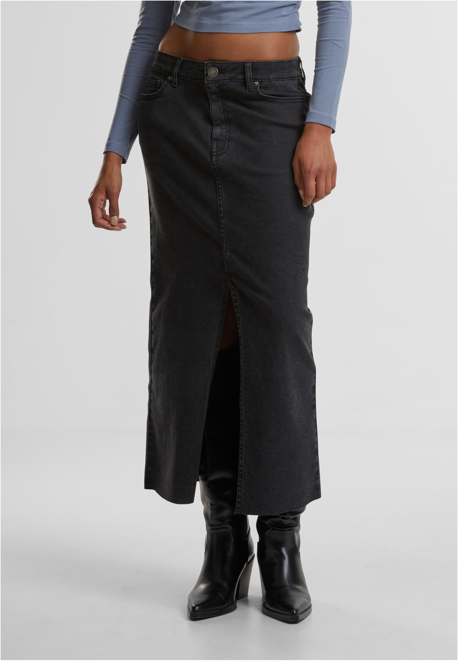 Ladies High Slit Denim Skirt | black washed