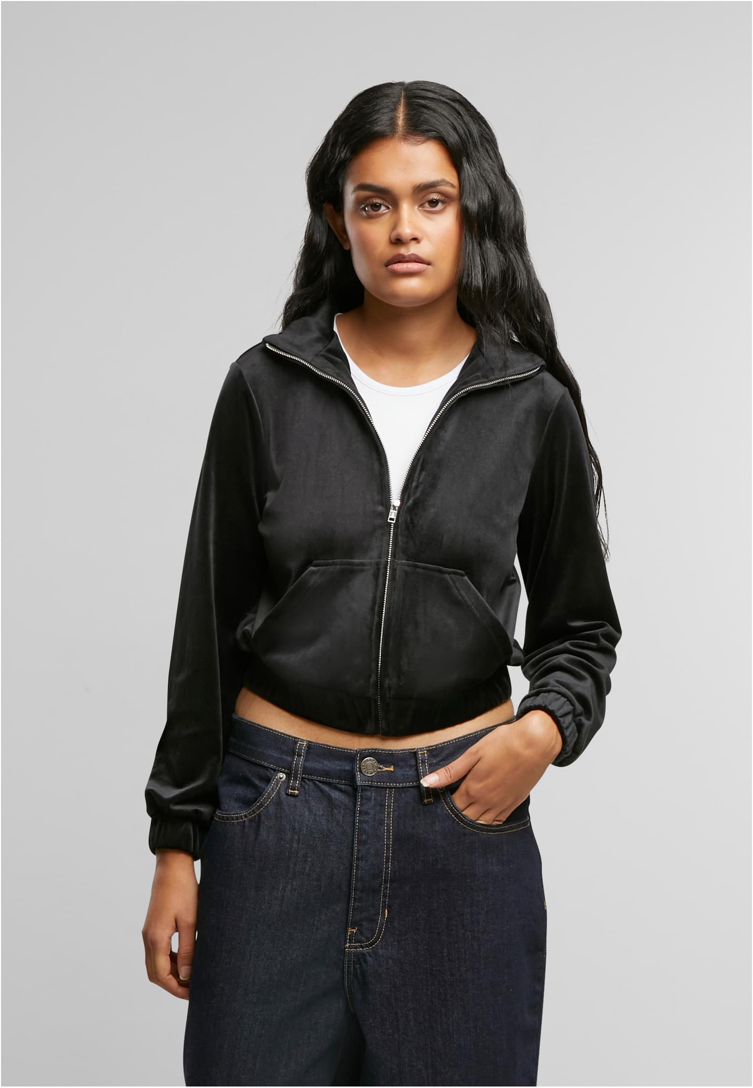 Ladies Short Velvet Track Jacket | black