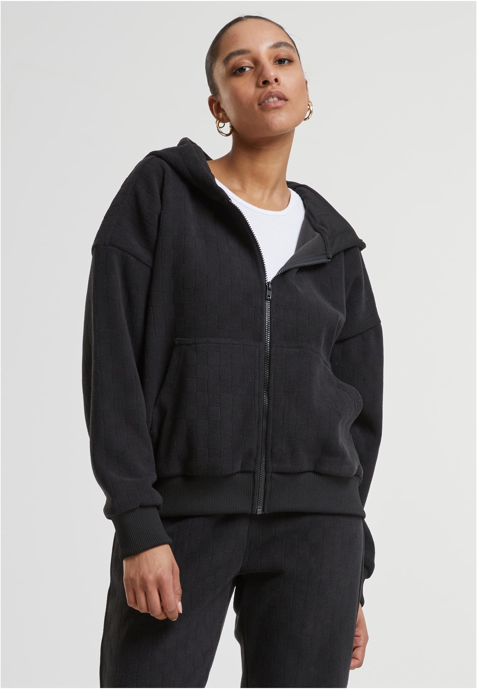 Ladies Jacquard Velvet Oversized Zip Hoody | black