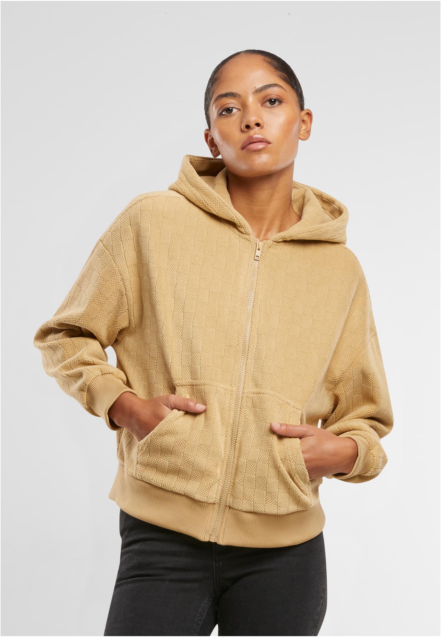 Ladies Jacquard Velvet Oversized Zip Hoody | unionbeige