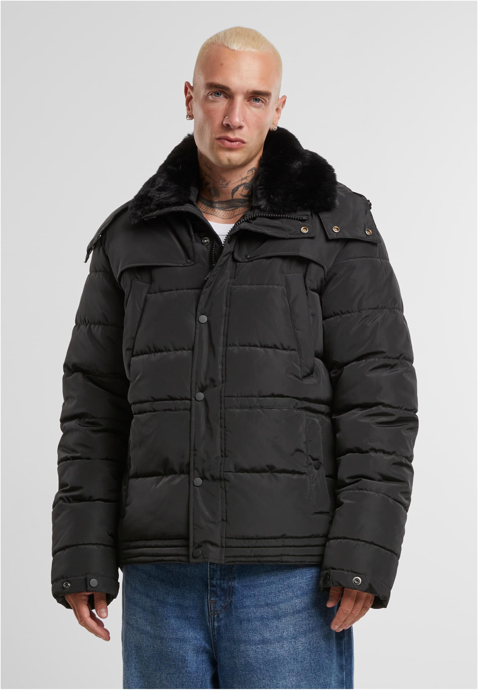 Puffer Jacket With Detachable Fur Collar | black