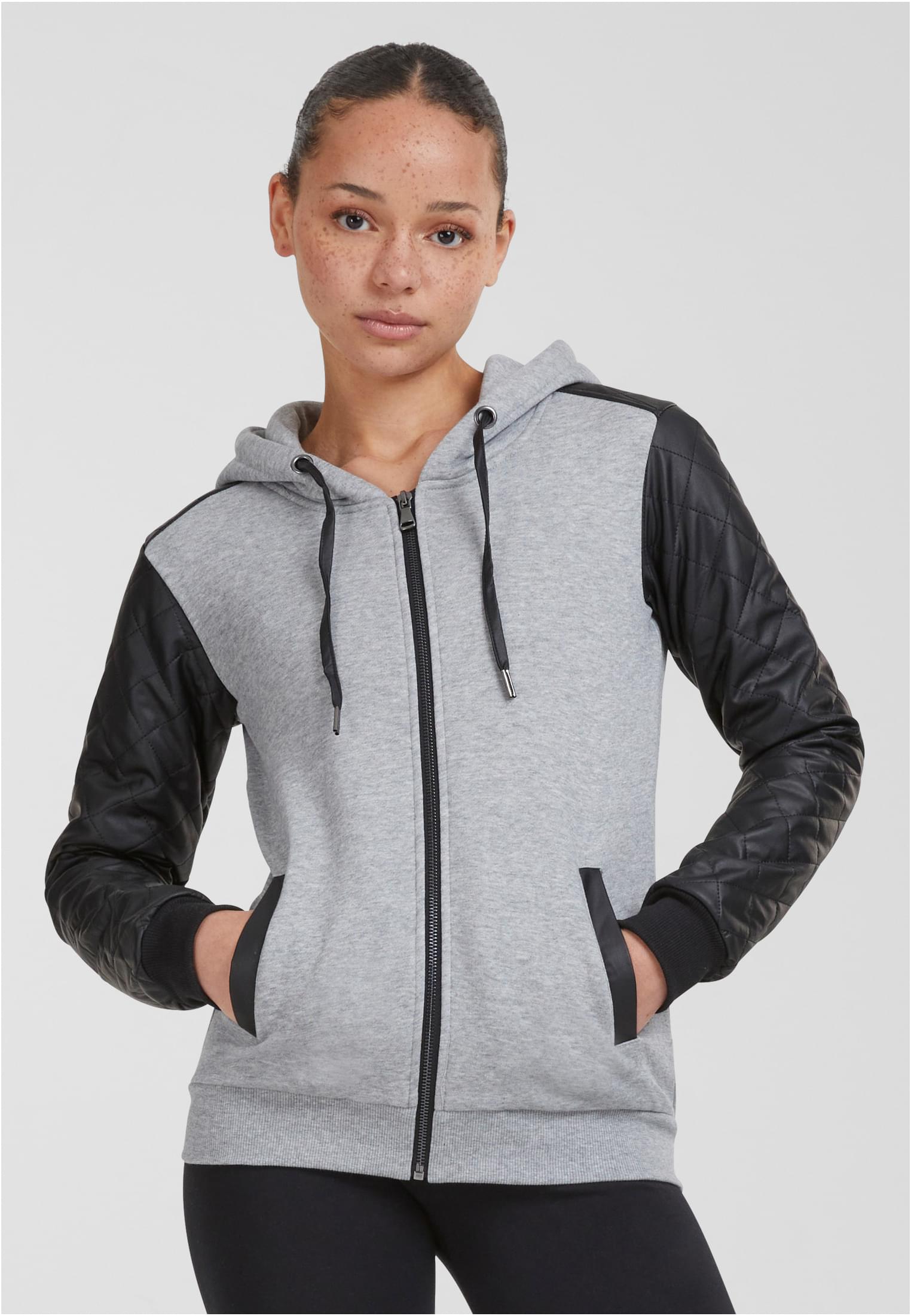 Ladies Diamond Synthetic Leather Sleeve Zip Hoody | gry/blk