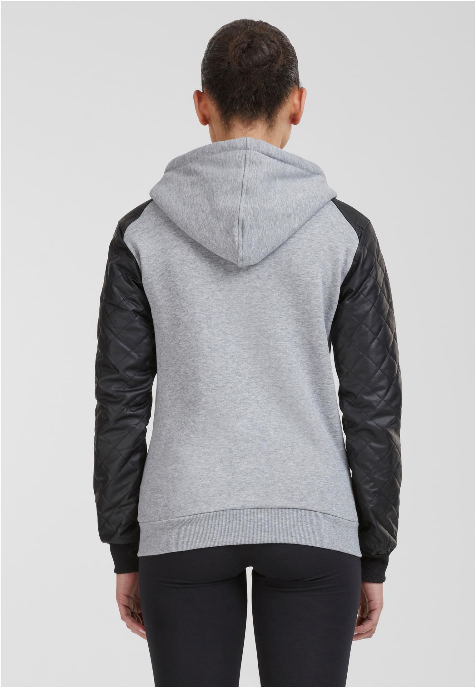 Ladies Diamond Synthetic Leather Sleeve Zip Hoody | gry/blk