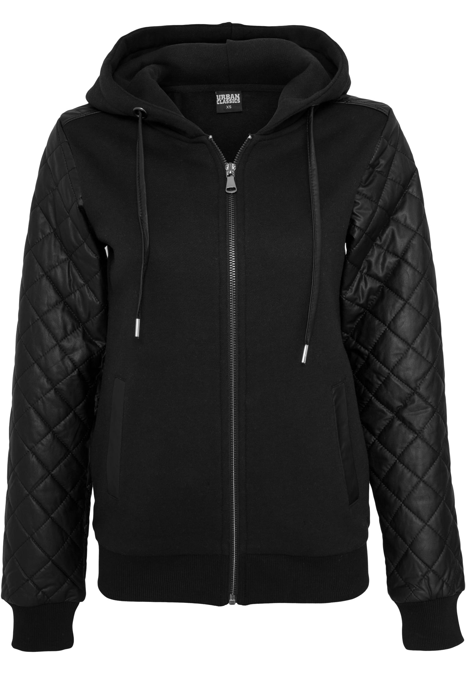 Ladies Diamond Synthetic Leather Sleeve Zip Hoody | blk/blk