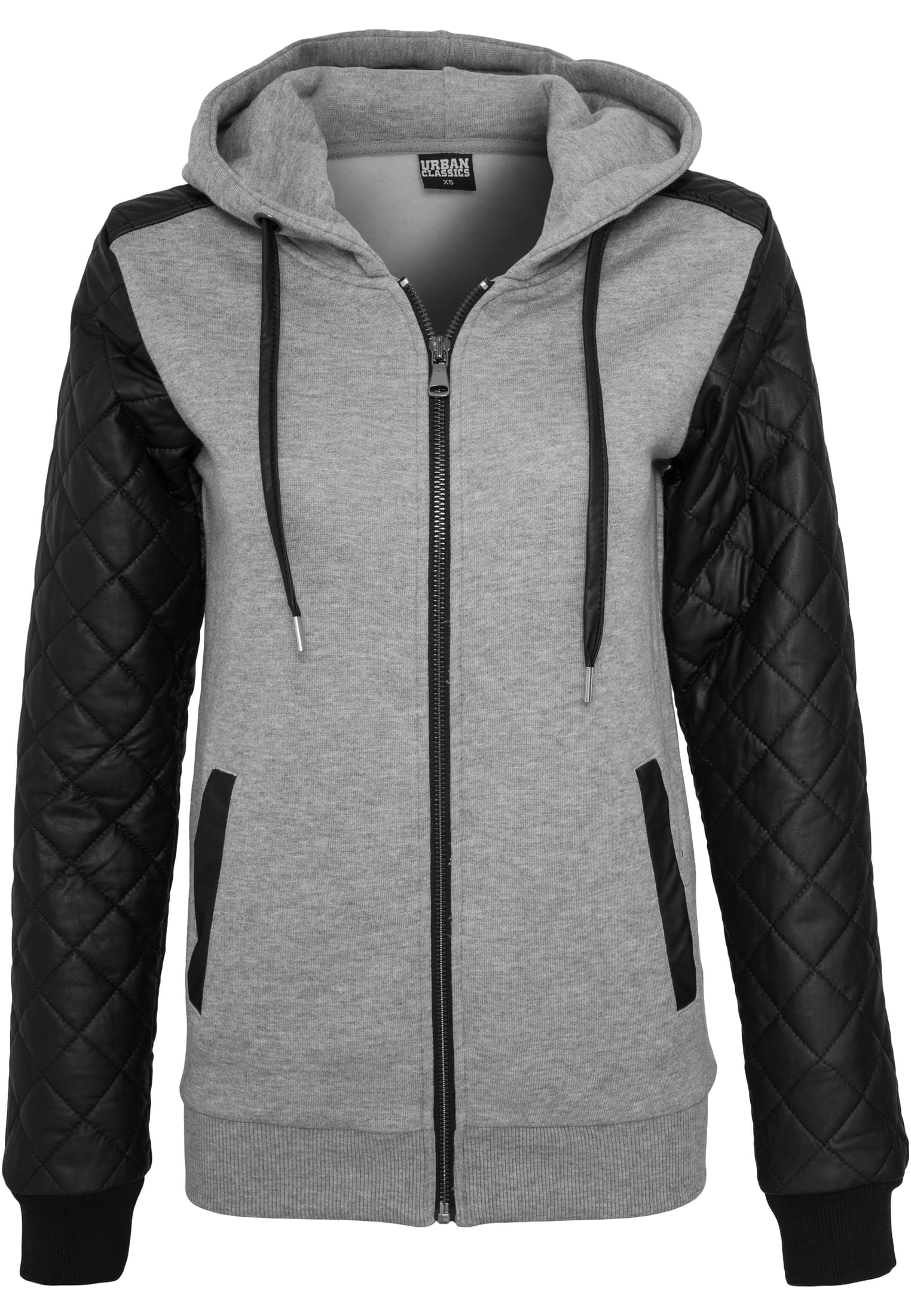 Ladies Diamond Synthetic Leather Sleeve Zip Hoody | gry/blk