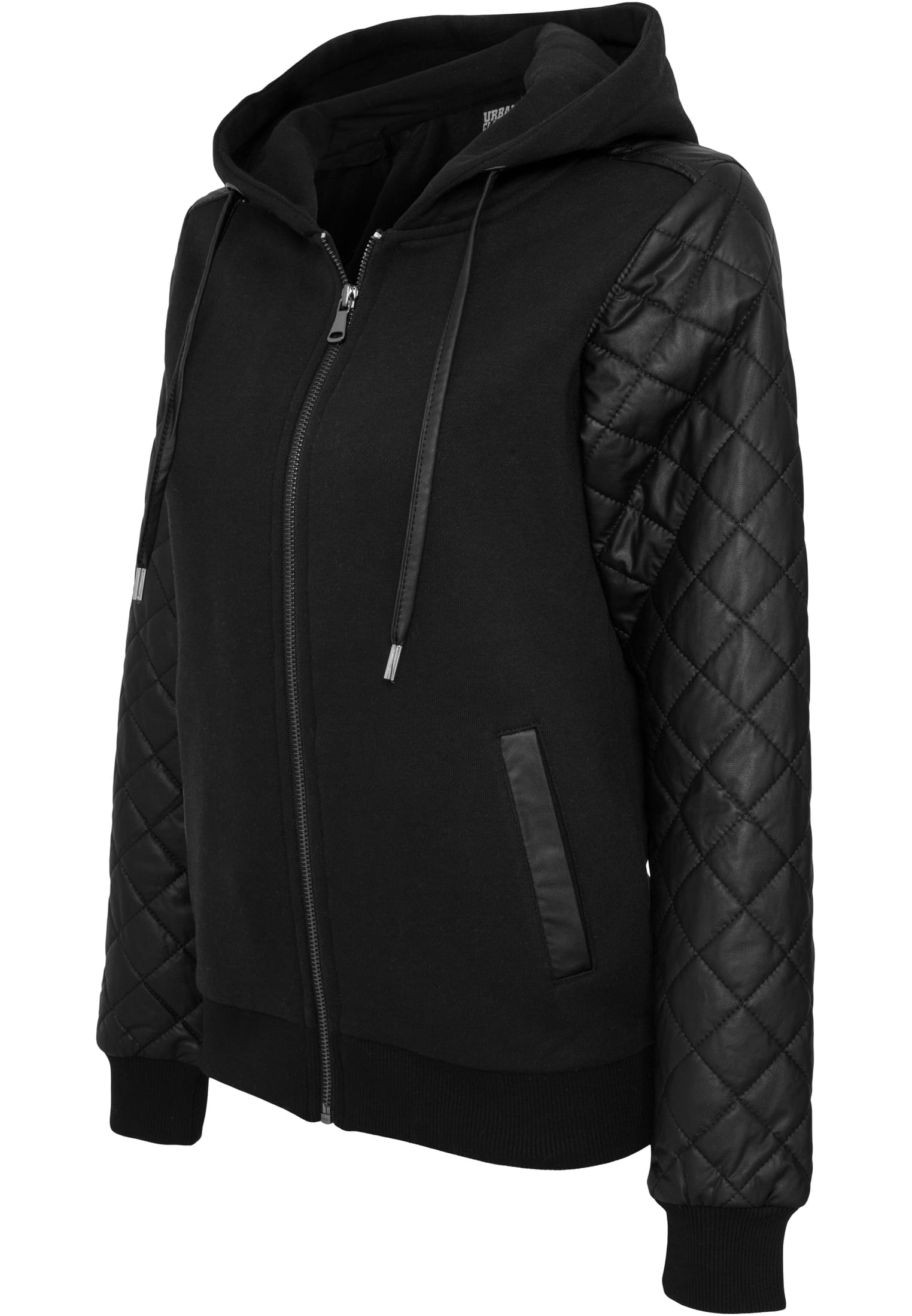 Ladies Diamond Synthetic Leather Sleeve Zip Hoody | blk/blk