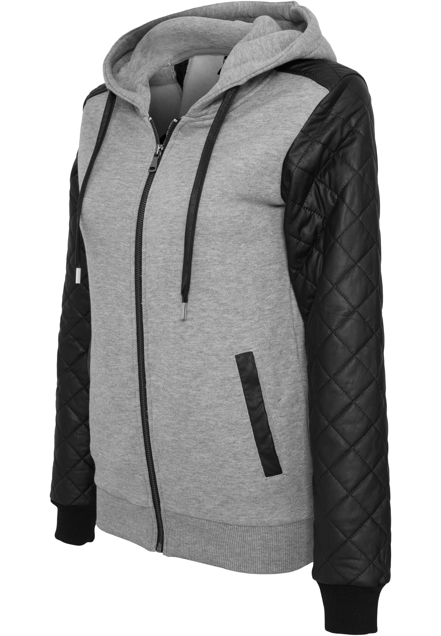 Ladies Diamond Synthetic Leather Sleeve Zip Hoody | gry/blk