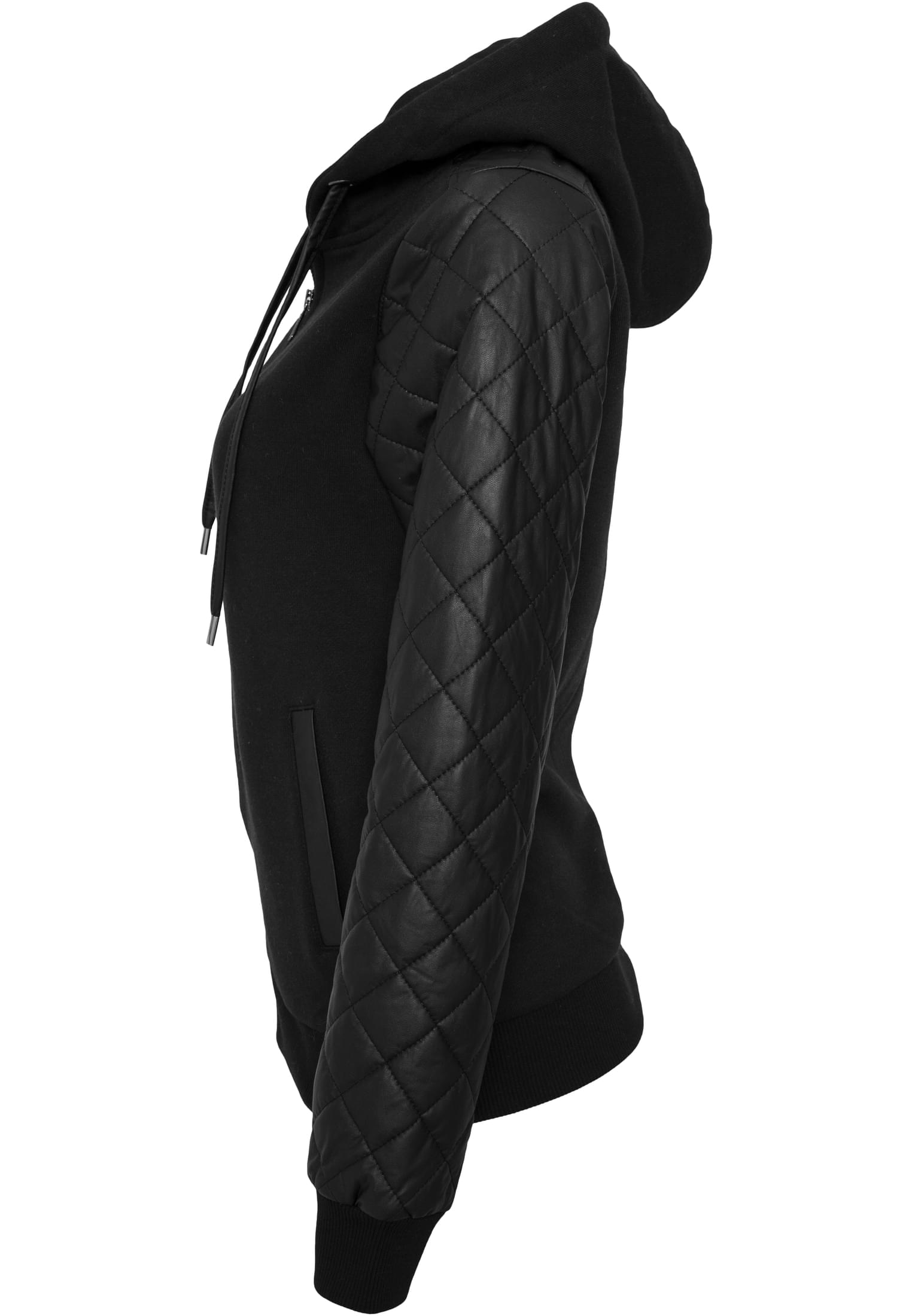 Ladies Diamond Synthetic Leather Sleeve Zip Hoody | blk/blk