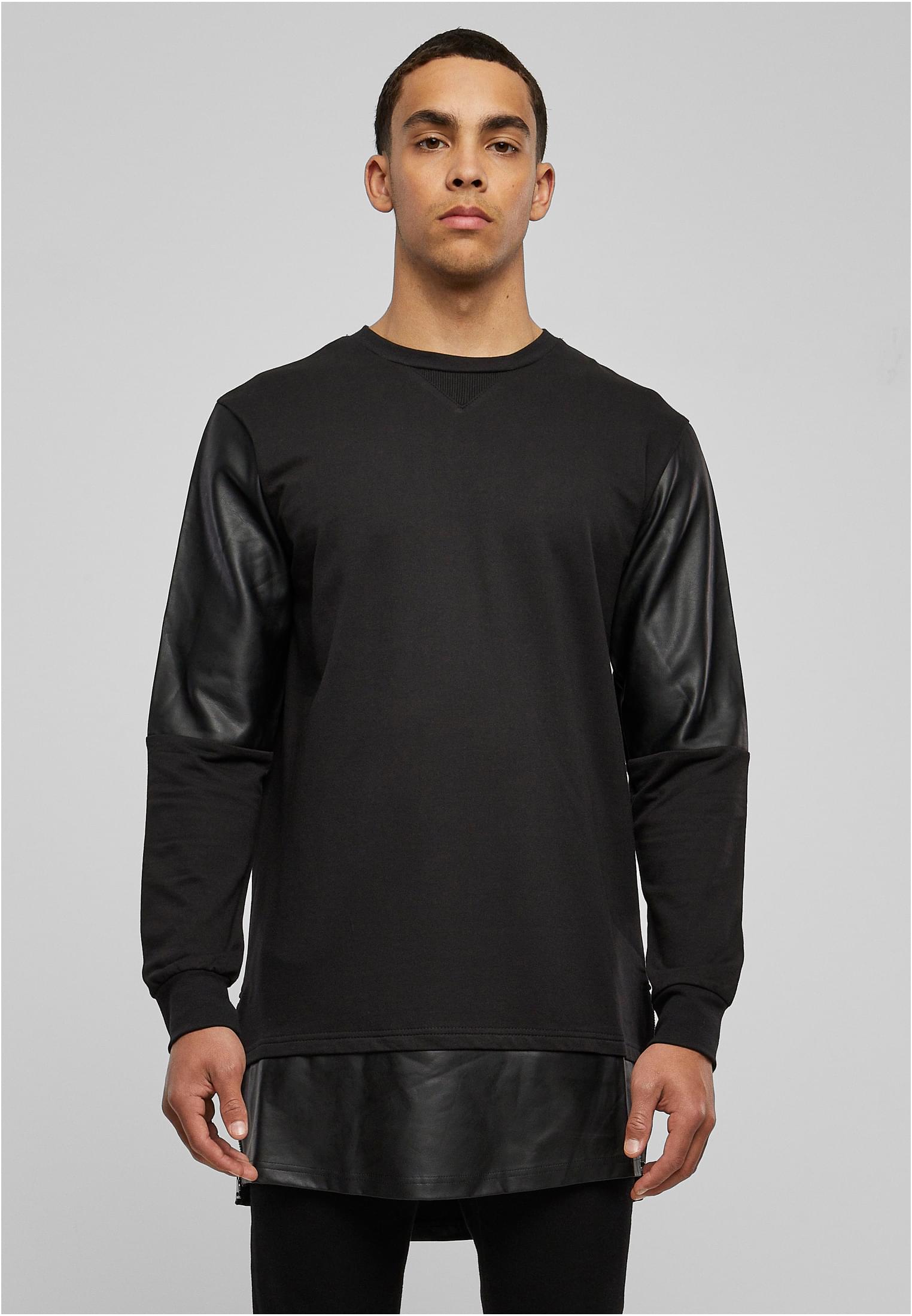 Long Zipped Synthetic Leather Crewneck | blk/blk