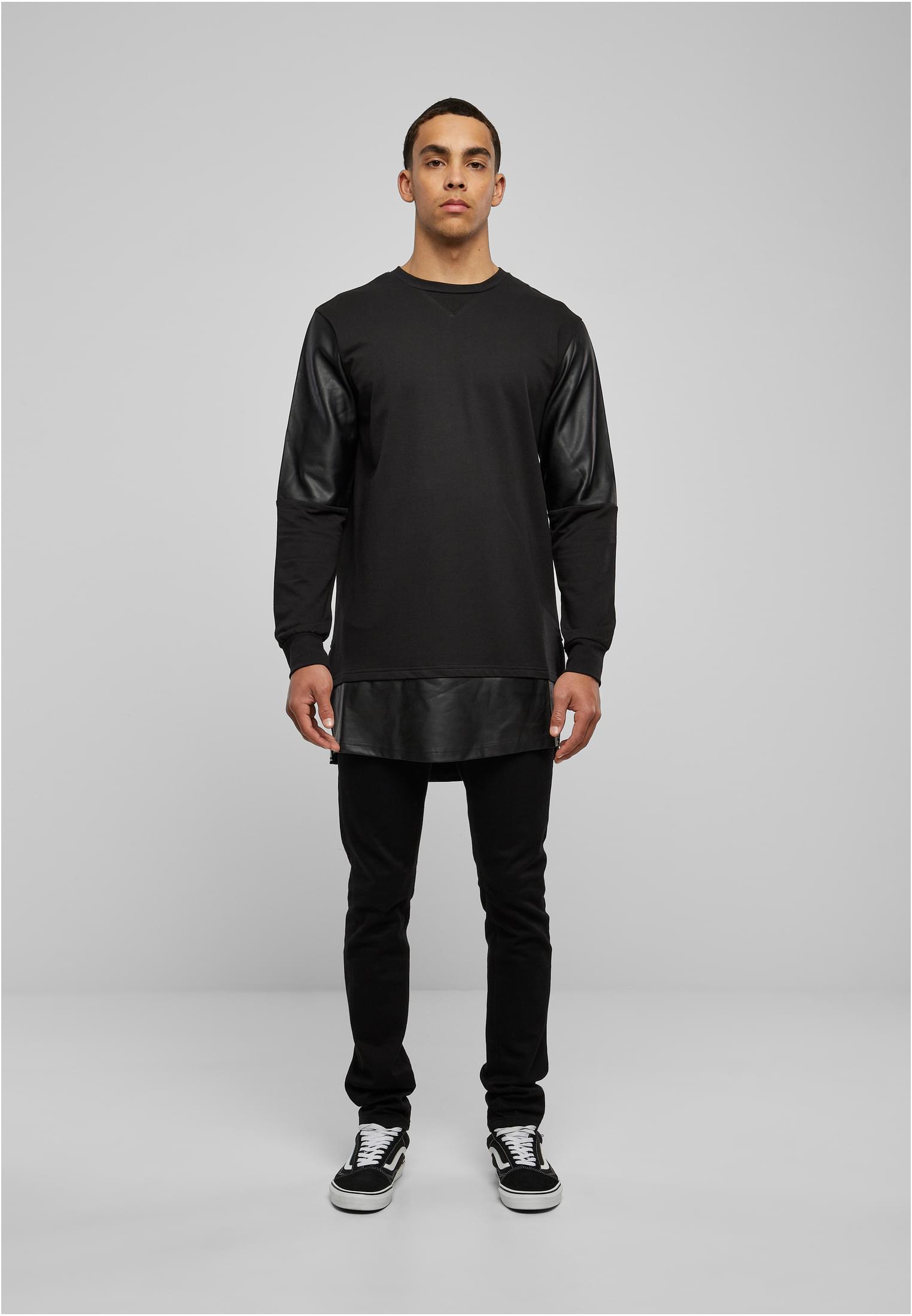 Long Zipped Synthetic Leather Crewneck | blk/blk