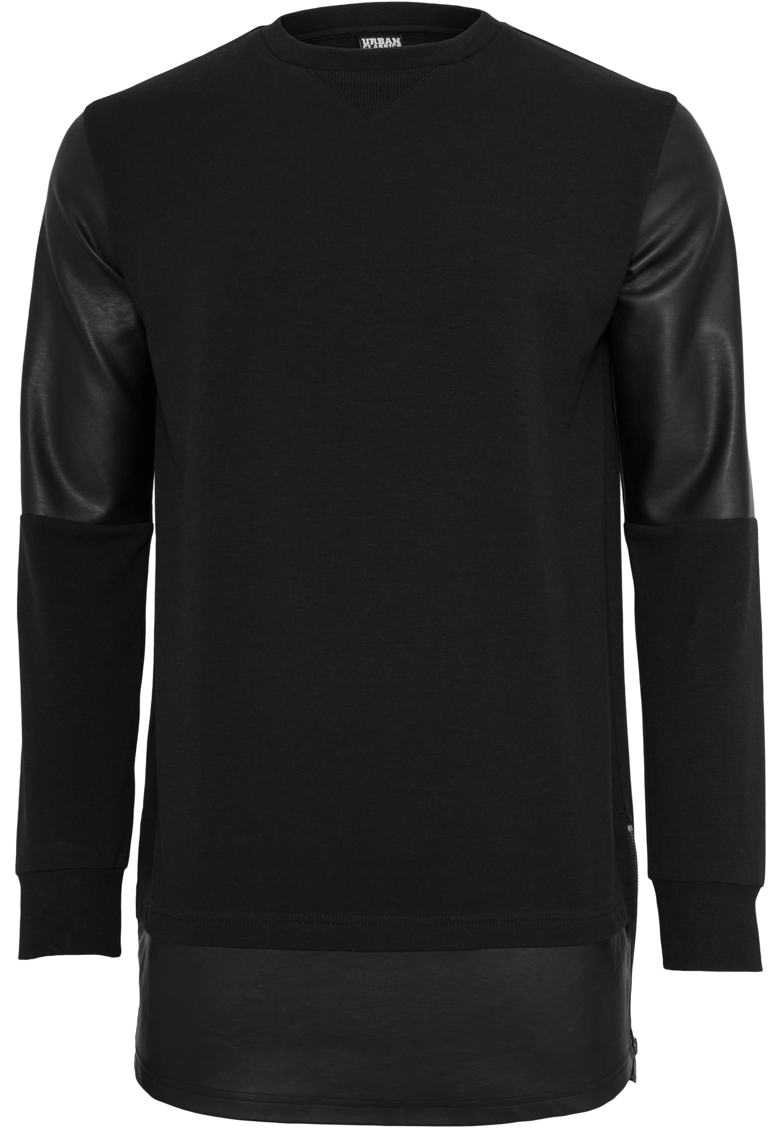 Long Zipped Synthetic Leather Crewneck | blk/blk