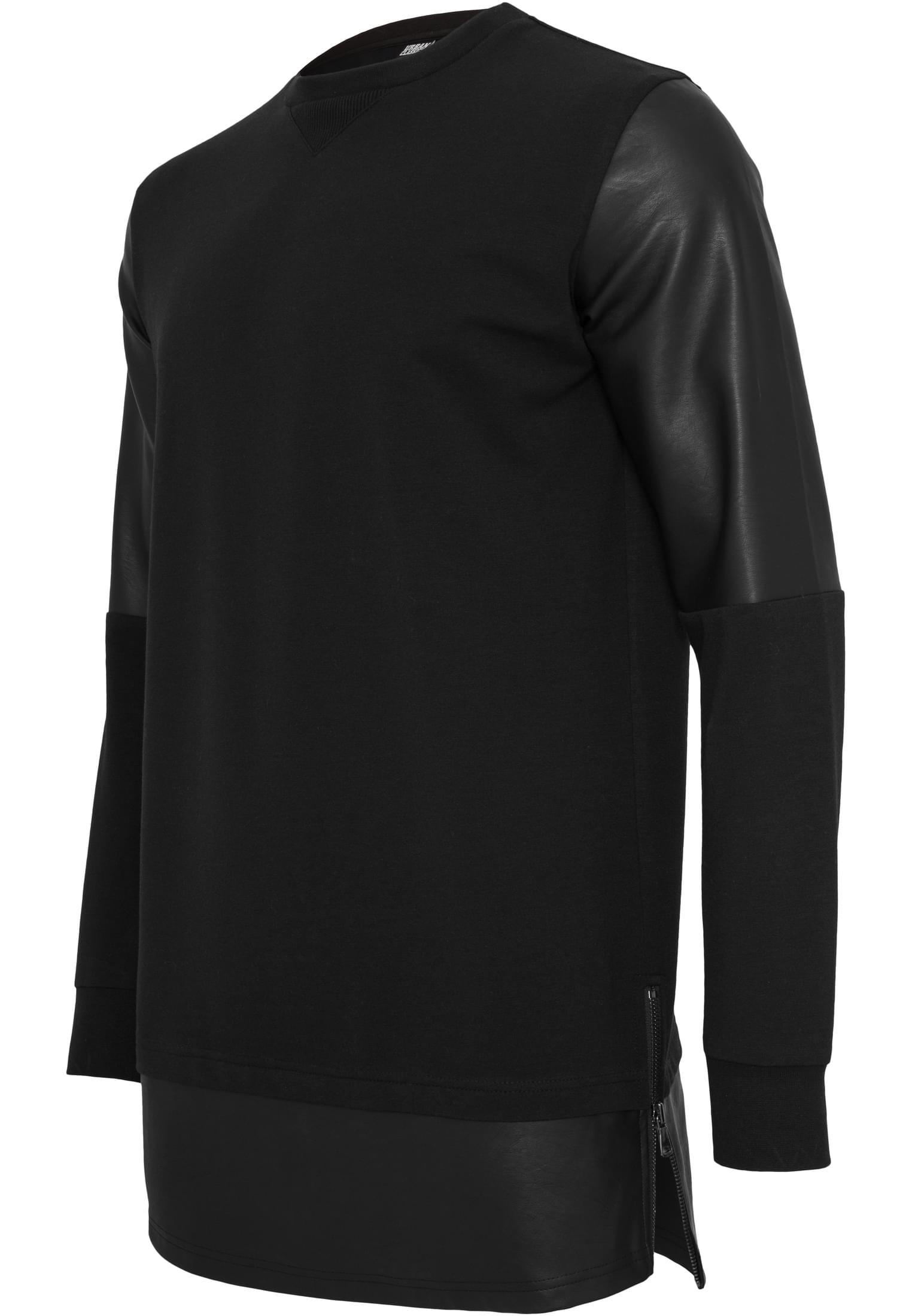 Long Zipped Synthetic Leather Crewneck | blk/blk